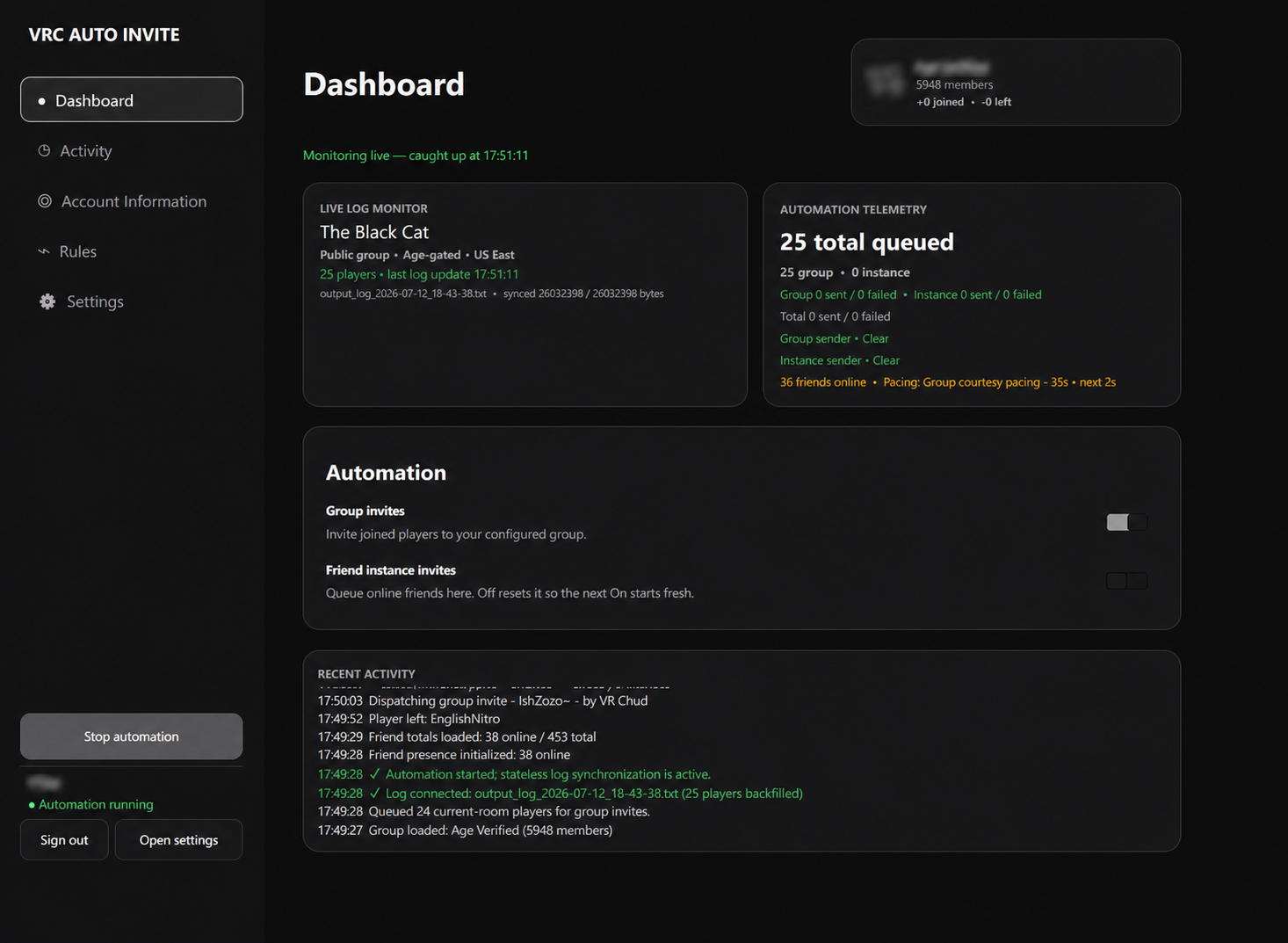 Privacy-safe VRChat Auto Invite dashboard with live instance monitoring, automation telemetry, invite controls, and recent activity
